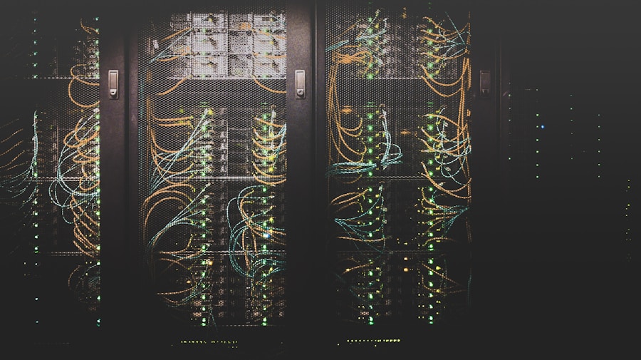 Fiber optic network cables illuminated in blue light representing TDN Fiber high-speed FTTH connection